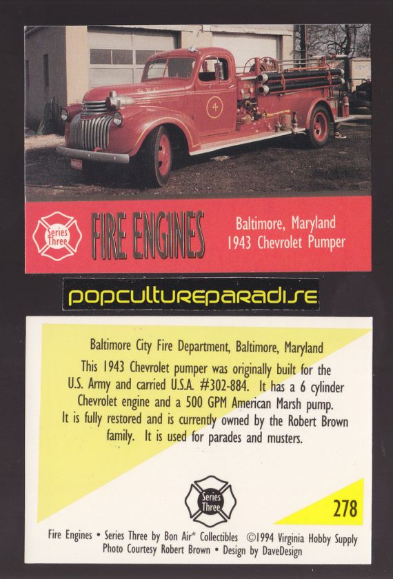1943 CHEVROLET PUMPER FIRE TRUCK ENGINE CARD Baltimore, Maryland 