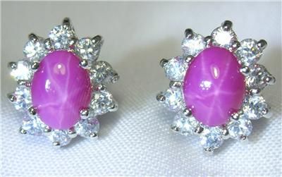   Gold 18k 14k gf 6 Rays Pink Star Sapphire Stone Stud Earrings  