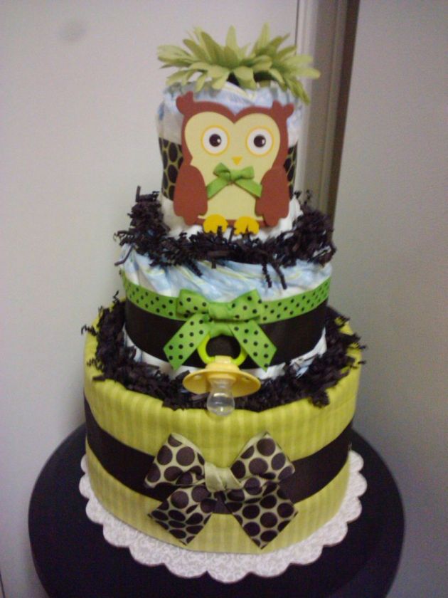 Green & Brown OWL 3 tier diaper cake baby shower decoration 