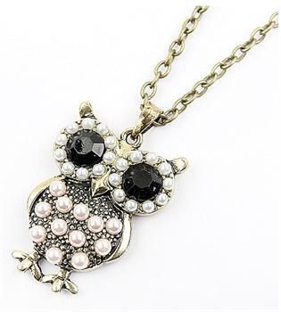   fashion Vintage style bronze pearl / crystal owl charm necklace x320