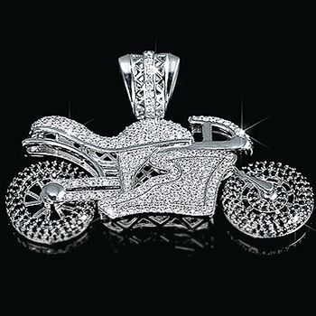   Rhodium Plated Micropave White/Black CZ Motorcycle Pendant Bling Charm